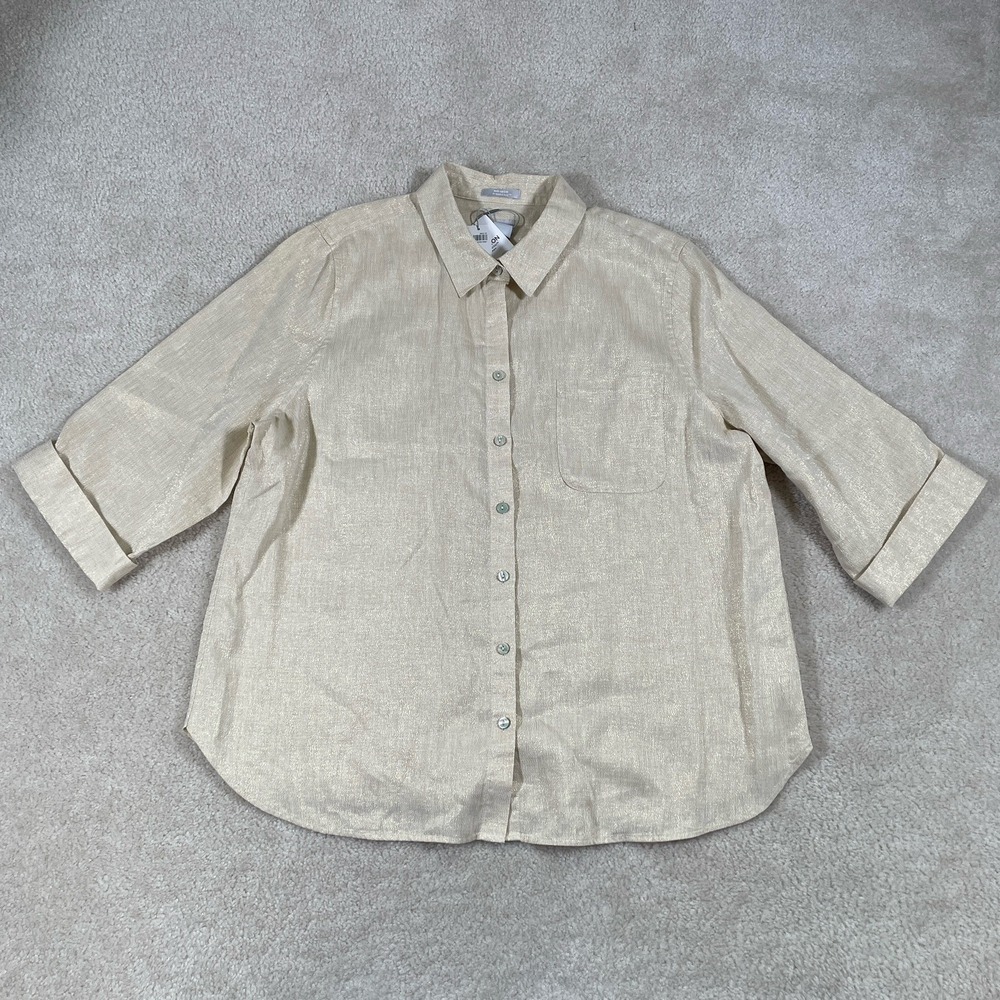 NWT Chico's No-Iron Linen Metallic Shirt Womens 3 (16) Gold Sand 3/4 Sleeve - Picture 2 of 10